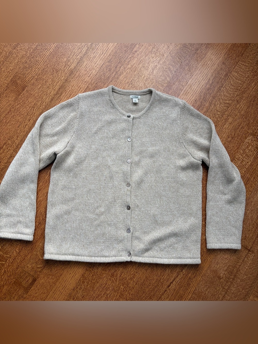 Vintage  L.L. Bean Cotton Cardigan Sweater Womens Large Petite Beige Crewneck